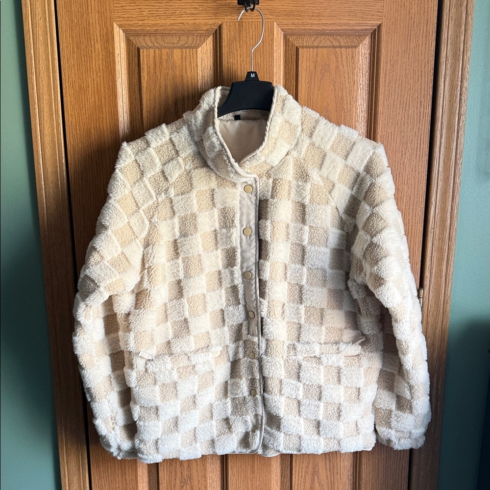 Cozy Neutral Checkered Fleece Jacket